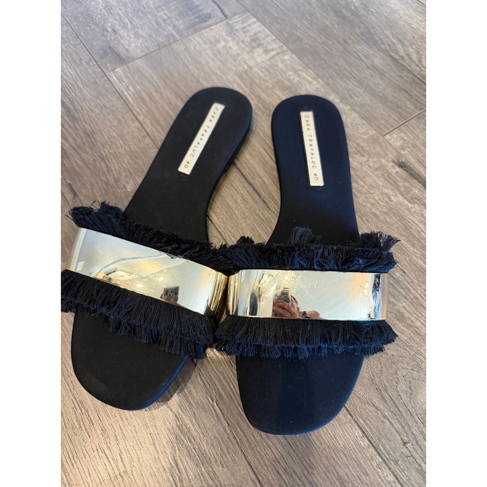 Zara Trafaluc Black Gold Fringe Slide Sandals Flat Slip On Womens Size 40 US 9
